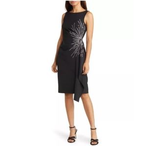 Eliza J Crystal Starburst Jeweled Black Dress Sleeveless Ruched Sheath Dress New